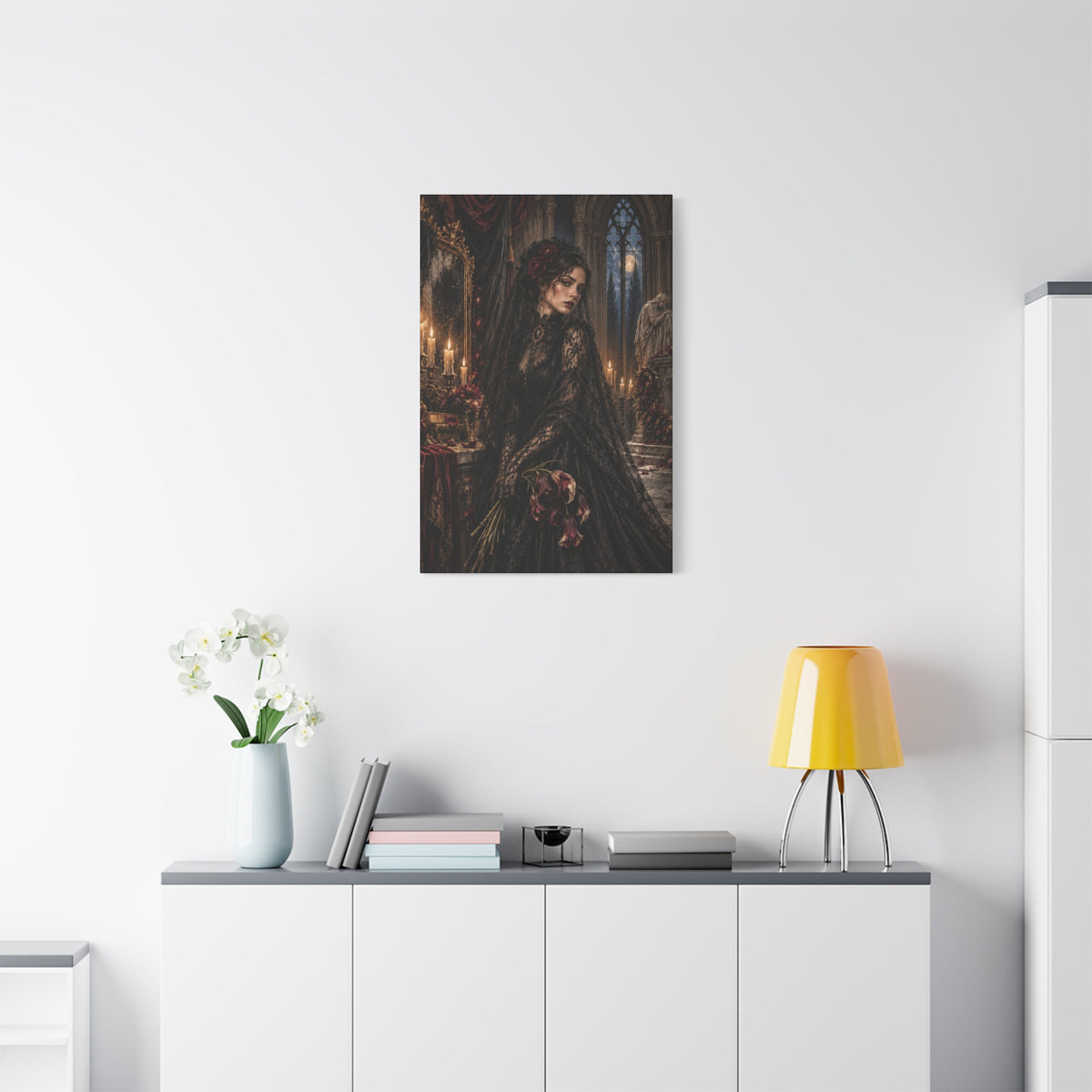 Gothic Mourning Lady Matte Canvas Print — Rose for the Departed-Victorian Dark Romantic Wall Art