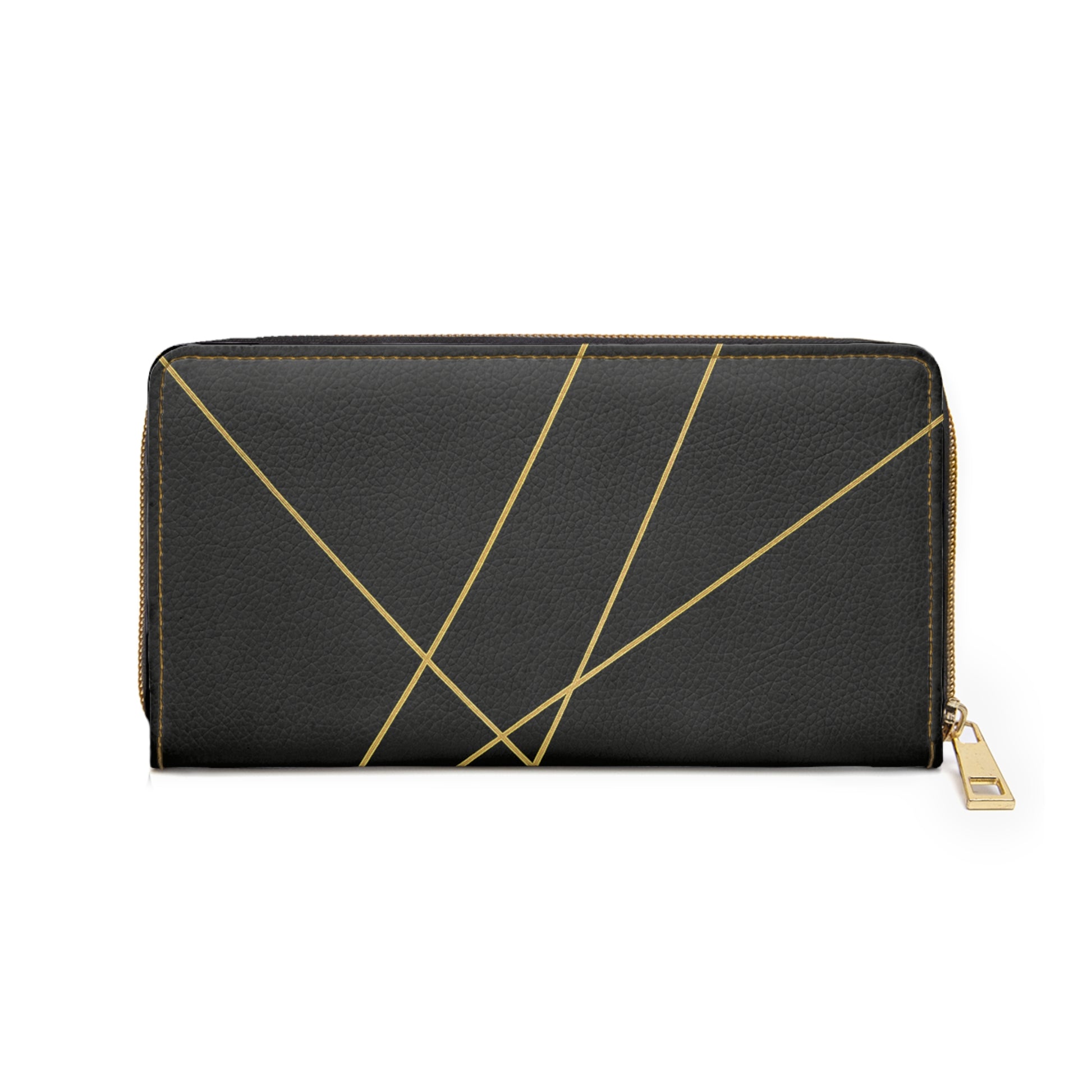 Michelle zipper wallet with gold geometric lines – elegant black PU leather cardholder clutch by the Soulful Brush
