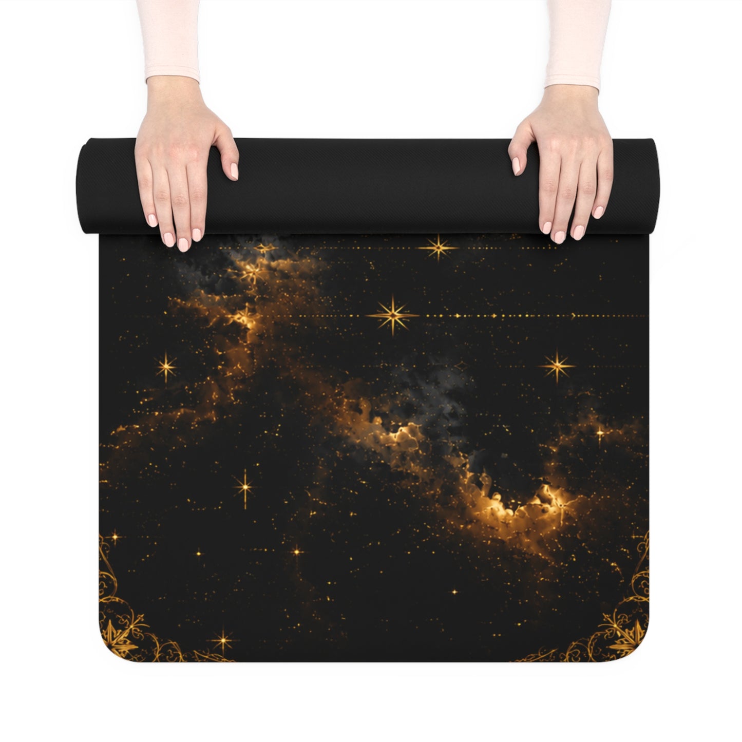 Celestial Sun & Moon Rubber Yoga Mat — Golden Cosmic Mandala Design