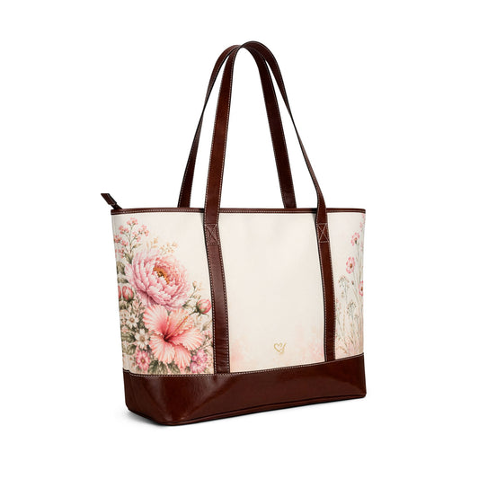 Quiet Bloom floral canvas tote side view – blush peony watercolor print with faux leather trim by the Soulful Brush
