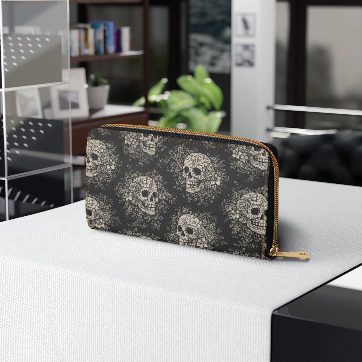 Requiem Bloom gothic floral skull zipper wallet – Back view, lifestyle photo Day of the Dead design by the Soulful Brush
