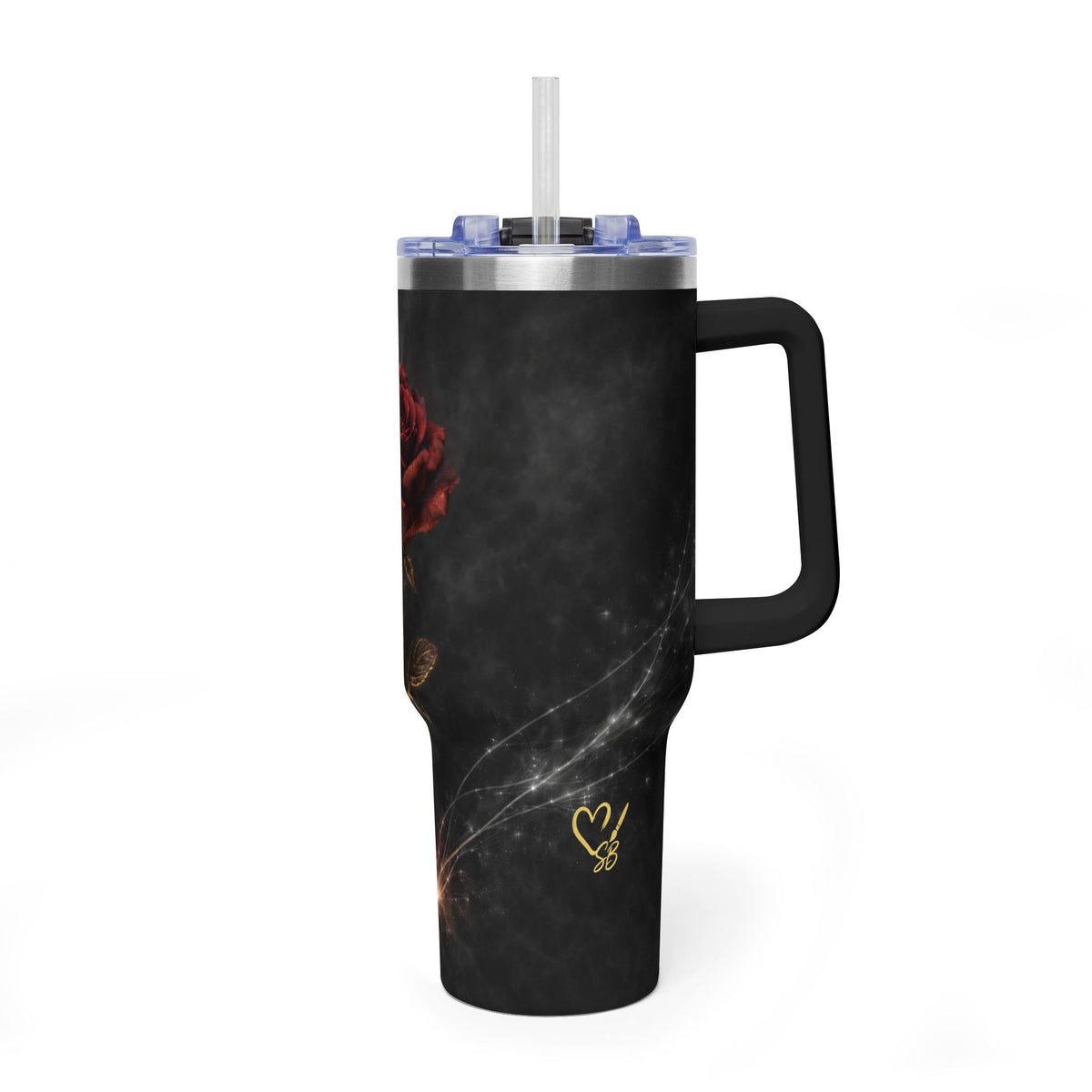 40oz Thermal Tumbler — Dark Red Rose Heartbeat Design