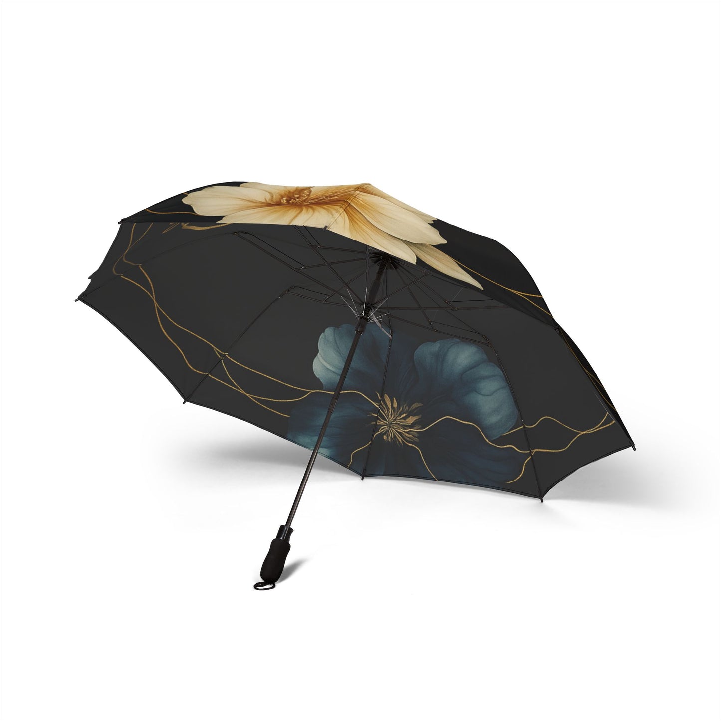 Paraguas plegable Stella 2 — Parasol de lluvia compacto semiautomático con elegantes flores en crema y verde azulado