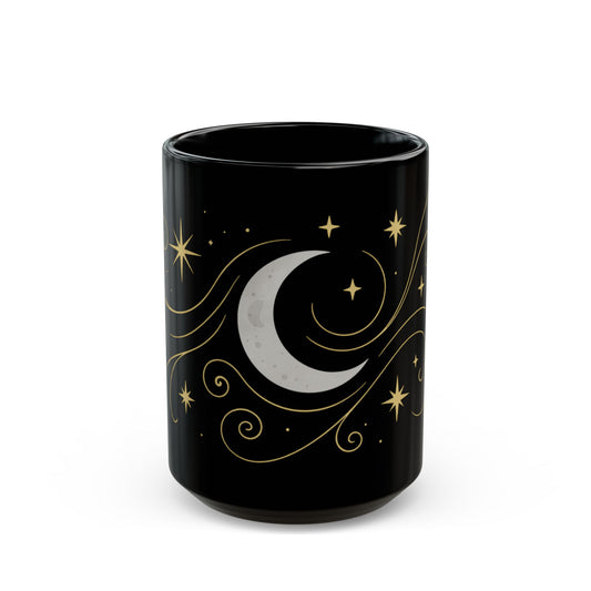 Astrology Sun & Stars Black Mug — Gold Celestial Coffee Cup (11oz/15oz)