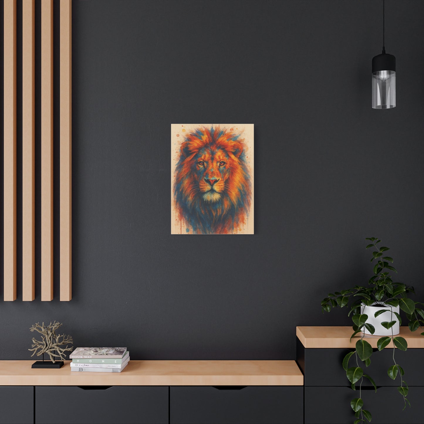 Lion-Bold Colorful Abstract Animal Acrylic Ink Matte Canvas (Stretched)