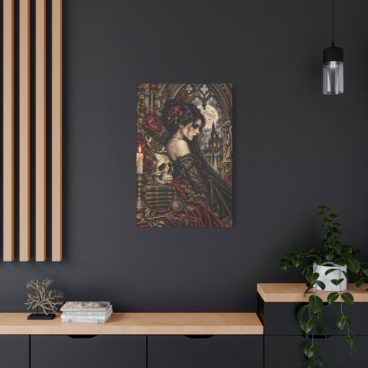 Gothic Romance Canvas Print – Victorian Woman with Skull & Moonlit Cathedral