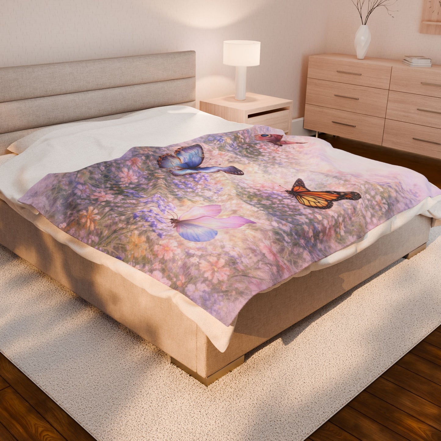 Butterfly Meadow Velveteen Plush Blanket — Soft Pastel Throw for Bedroom, Nursery & Cozy Gifts