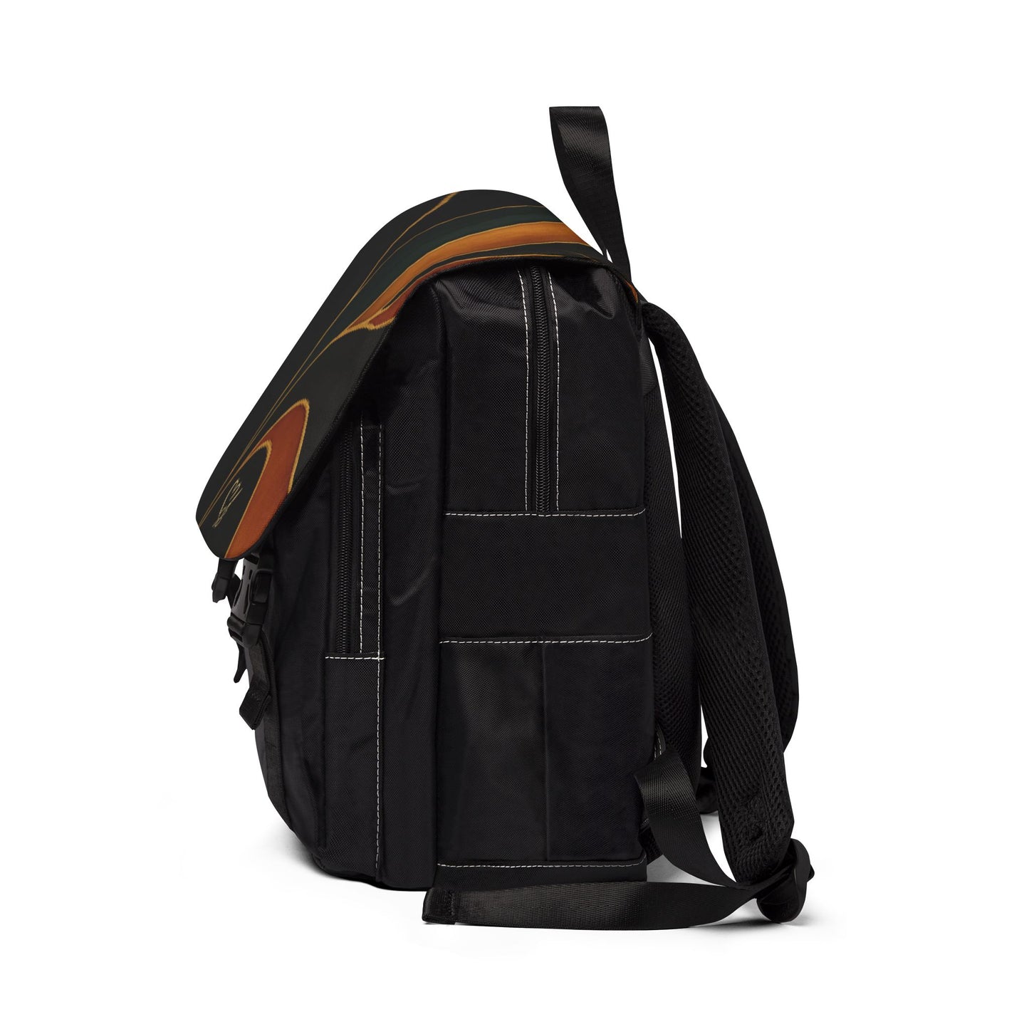 Vivian Artisan Luxe backpack right side view – earthy green burnt orange print structured backpack by the Soulful Brush
