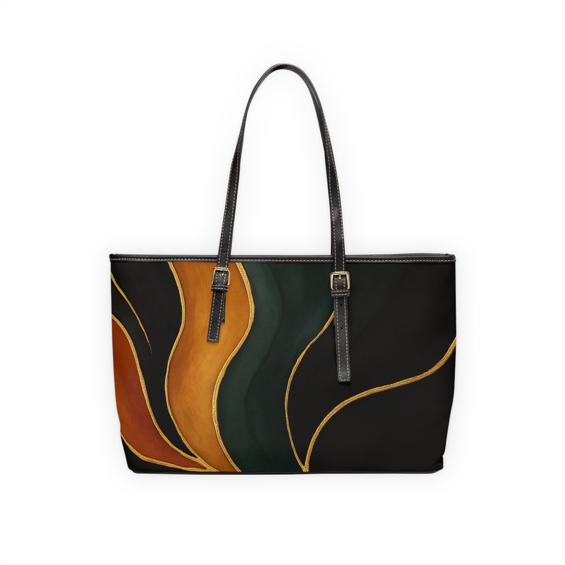 Vivian Artisan Luxe PU leather shoulder bag 17x11 back view – earthy green burnt orange double-sided print structured tote by the Soulful Brush

