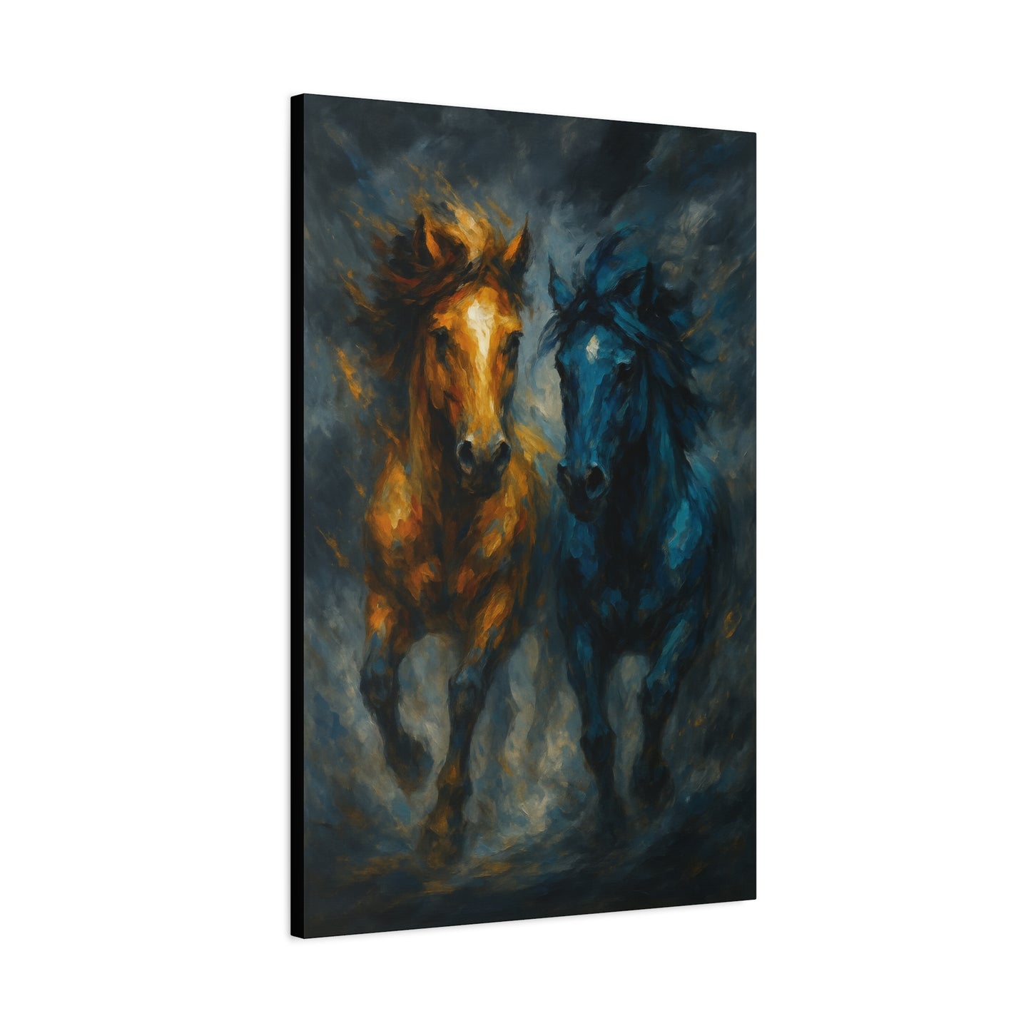 Running Horses Matte Canvas Wall Art — Abstract Gold & Blue Horse Painting