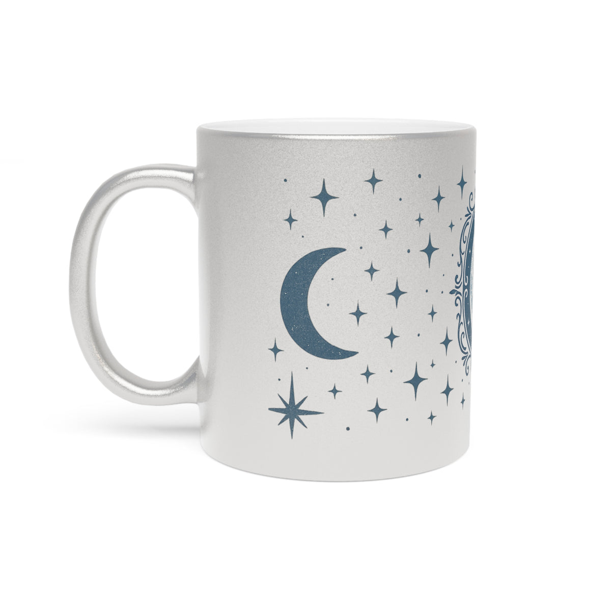 Taza Metálica Fase Lunar — Taza de Café Celestial Plateada/Dorada con Estrellas y Luna Creciente