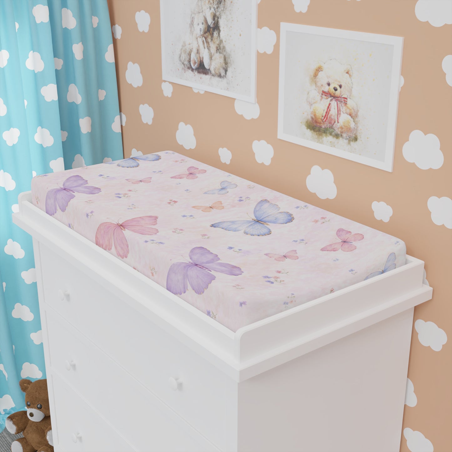 Big Butterfly Baby Changing Pad Cover 2— Pink Floral Nursery Waterproof Fitted Sheet
