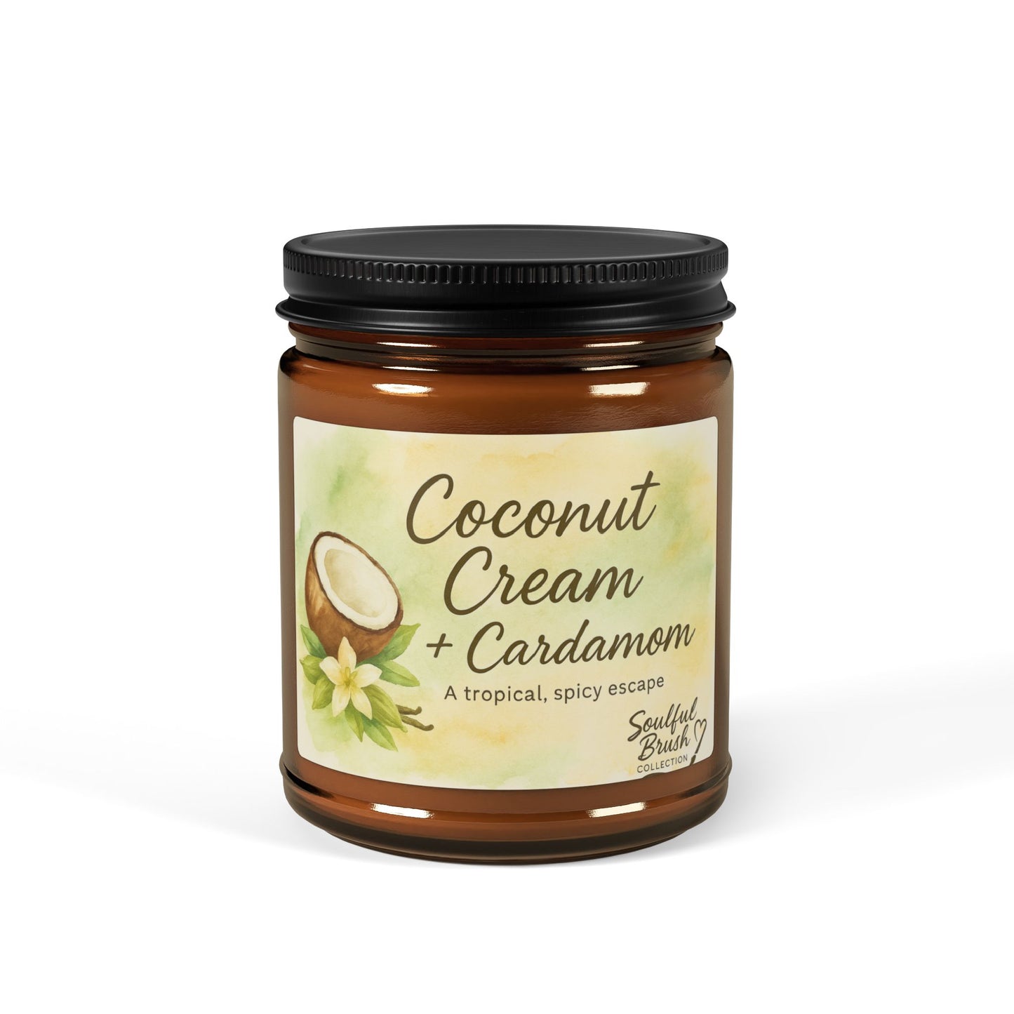Vela de Soja de Crema de Coco y Cardamomo — Frasco Ámbar (Varios Tamaños)