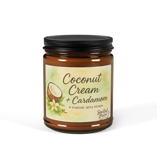 Vela de Soja de Crema de Coco y Cardamomo — Frasco Ámbar (Varios Tamaños)