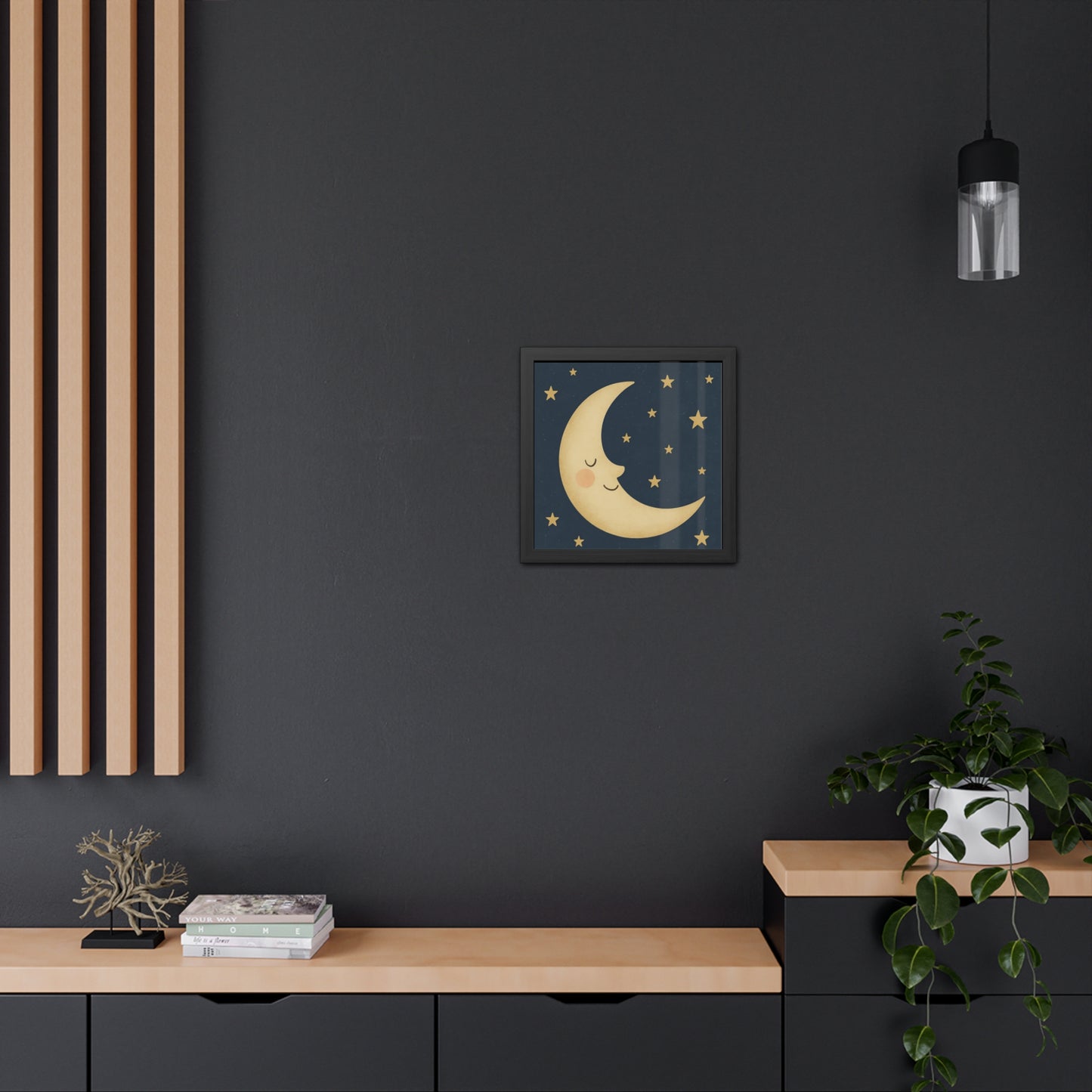 Póster Enmarcado A la Luna y las Estrellas — Arte Mural de Guardería Sueños Celestiales "Luna Sonrojada"
