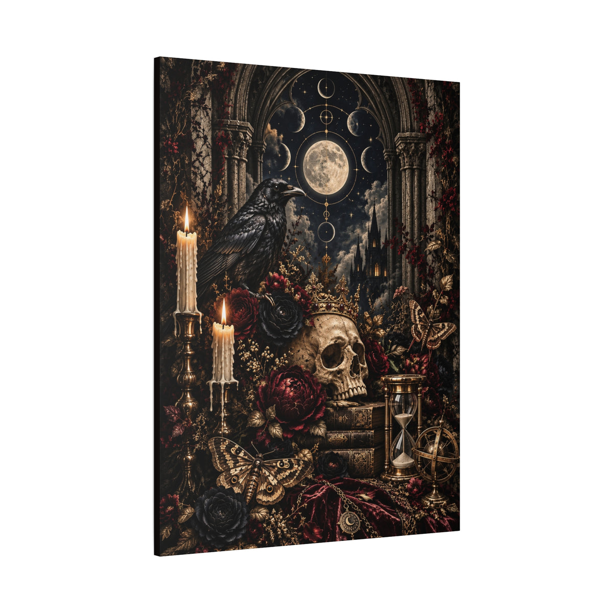 Gothic Moon Skull Canvas Art — Dark Victorian Still Life Wall Decor