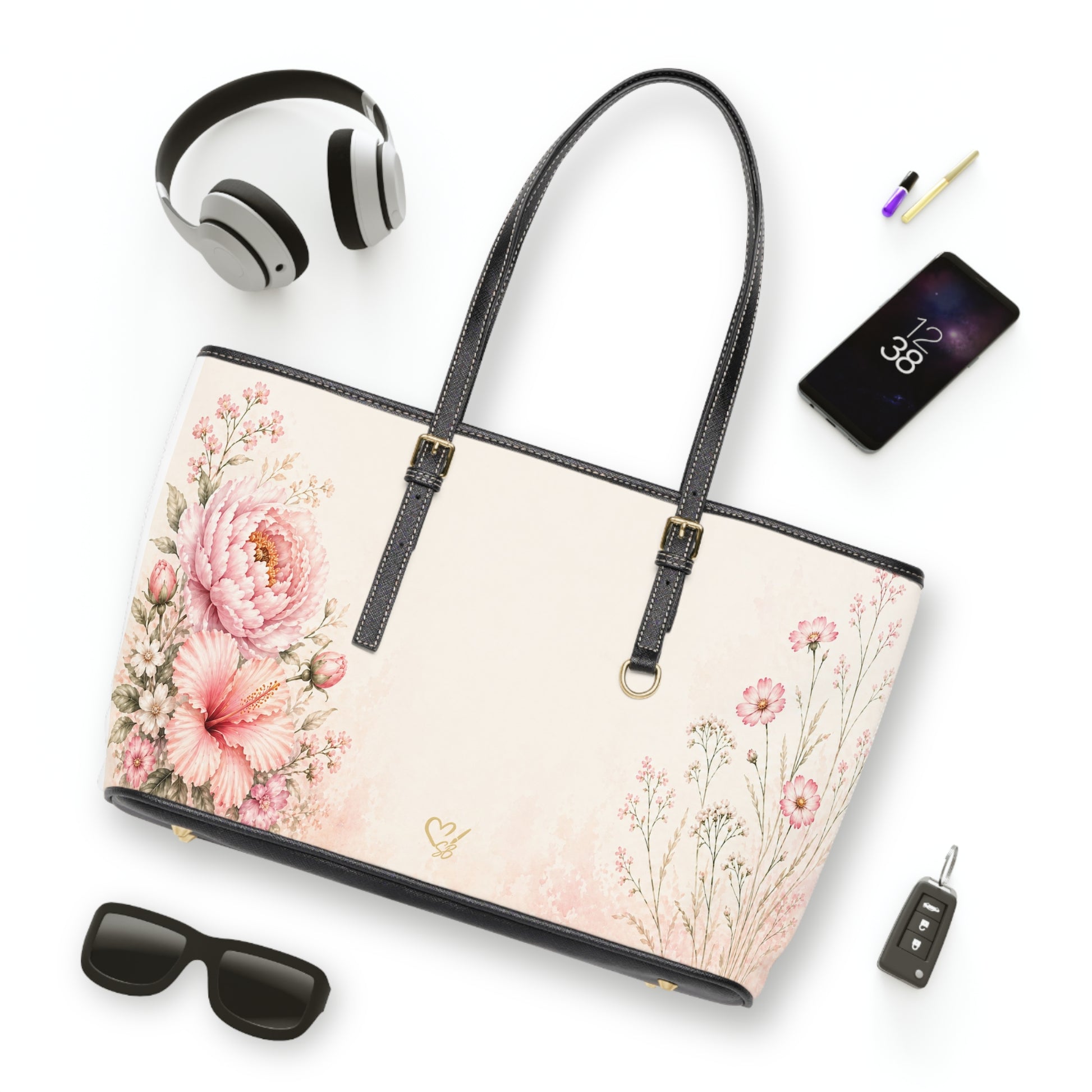 Quiet Bloom PU leather shoulder bag flat lay – vintage pink peony floral design by the Soulful Brush
