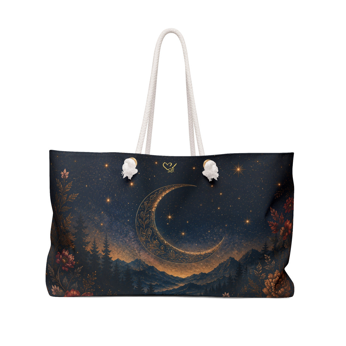 Moonlit Forest Weekender Bag — Crescent Moon Night Sky Travel Tote
