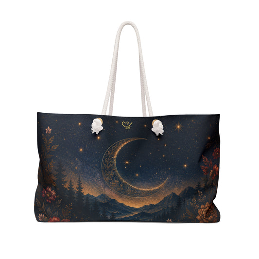 Moonlit Forest Weekender Bag — Crescent Moon Night Sky Travel Tote