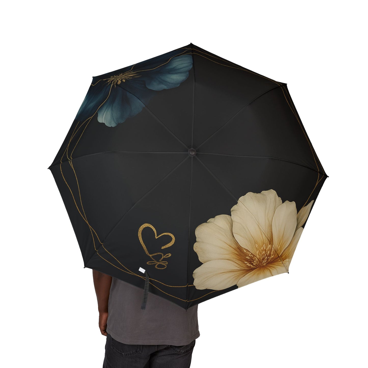 Paraguas plegable Stella 2 — Parasol de lluvia compacto semiautomático con elegantes flores en crema y verde azulado