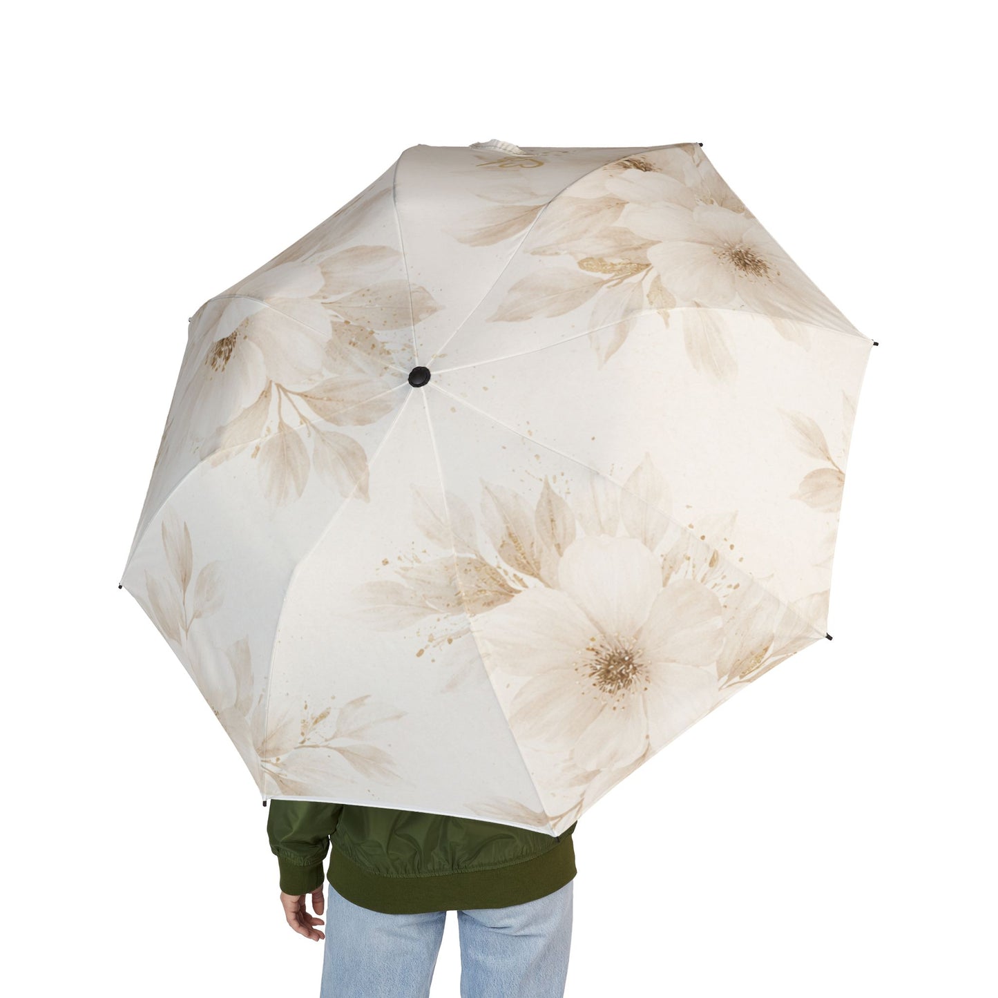 Paraguas compacto Soft Bloom — Paraguas plegable semiautomático con diseño de peonías en acuarela beige