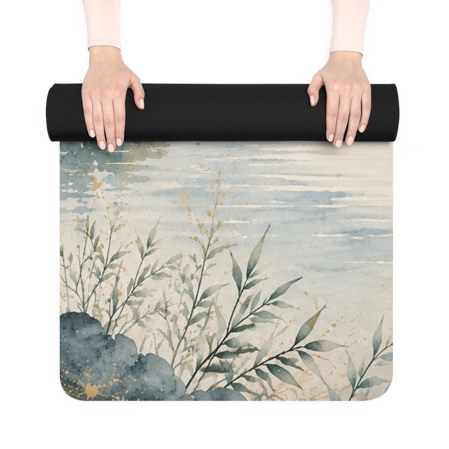 Mountain Mist Rubber Yoga Mat — Tranquil Watercolor Landscape Design