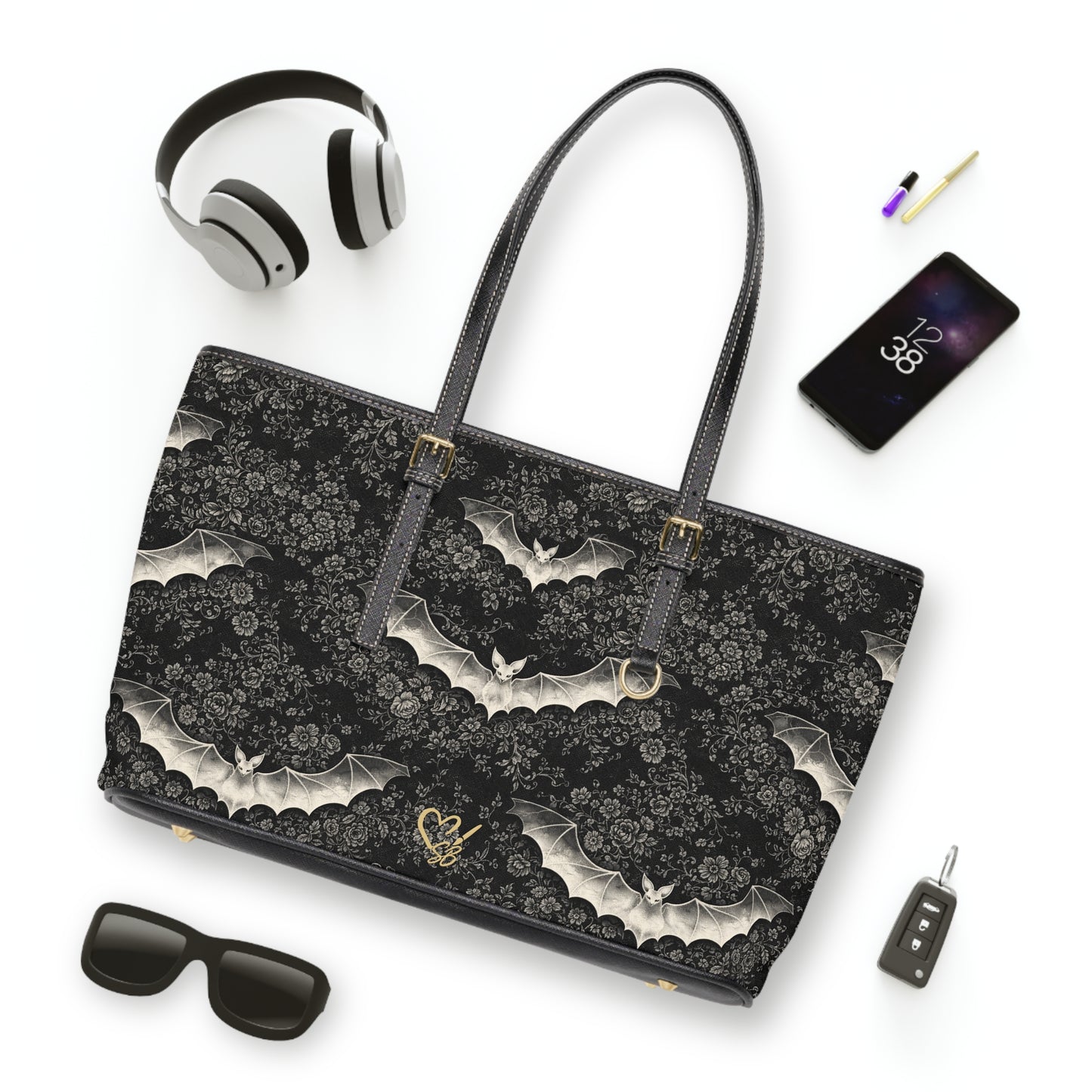 Bolso de Hombro de PU Eclipse Noir — Bolso Tote Floral Gótico