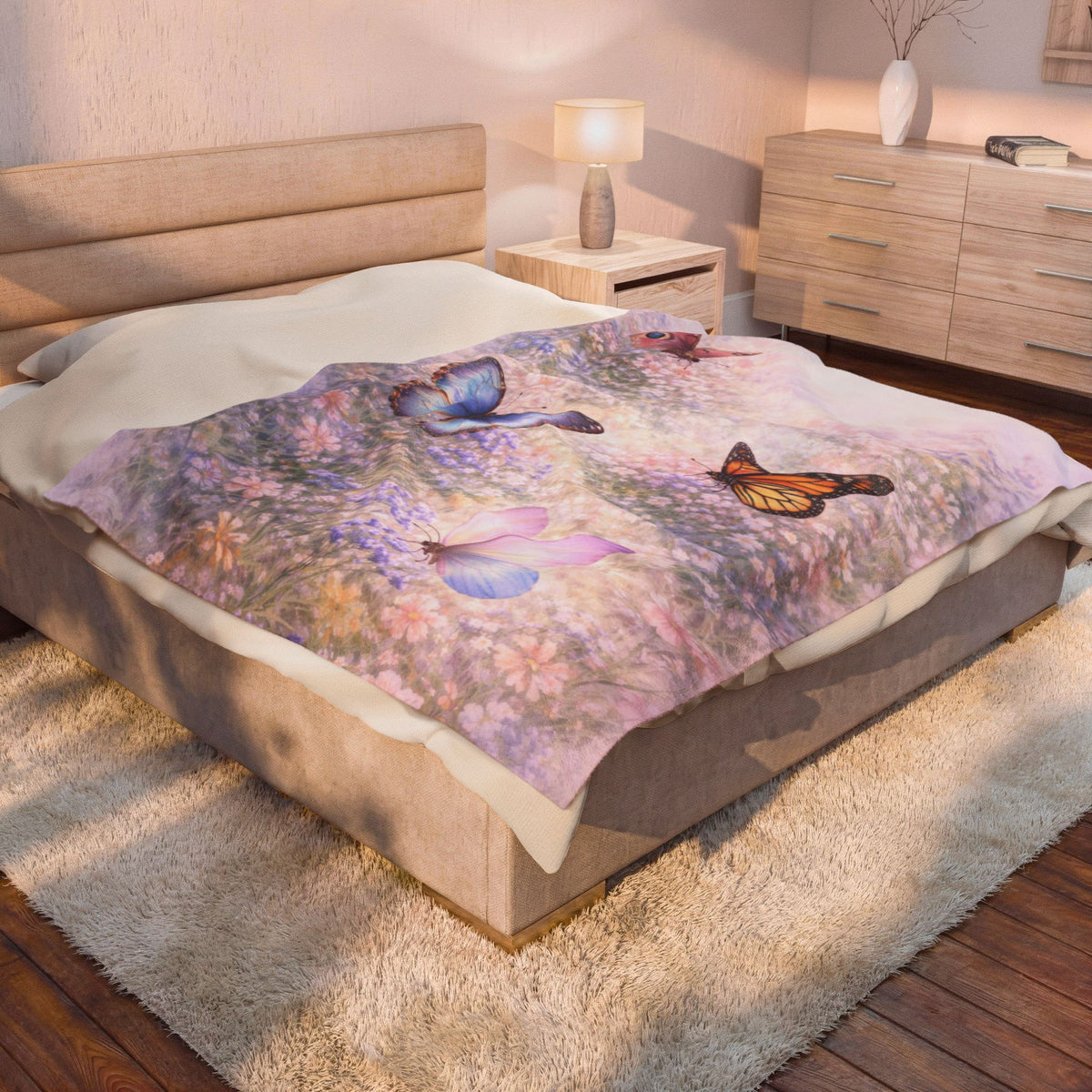 Manta de felpa Butterfly Meadow — Manta suave en tonos pastel para dormitorio, cuarto infantil y regalos acogedores
