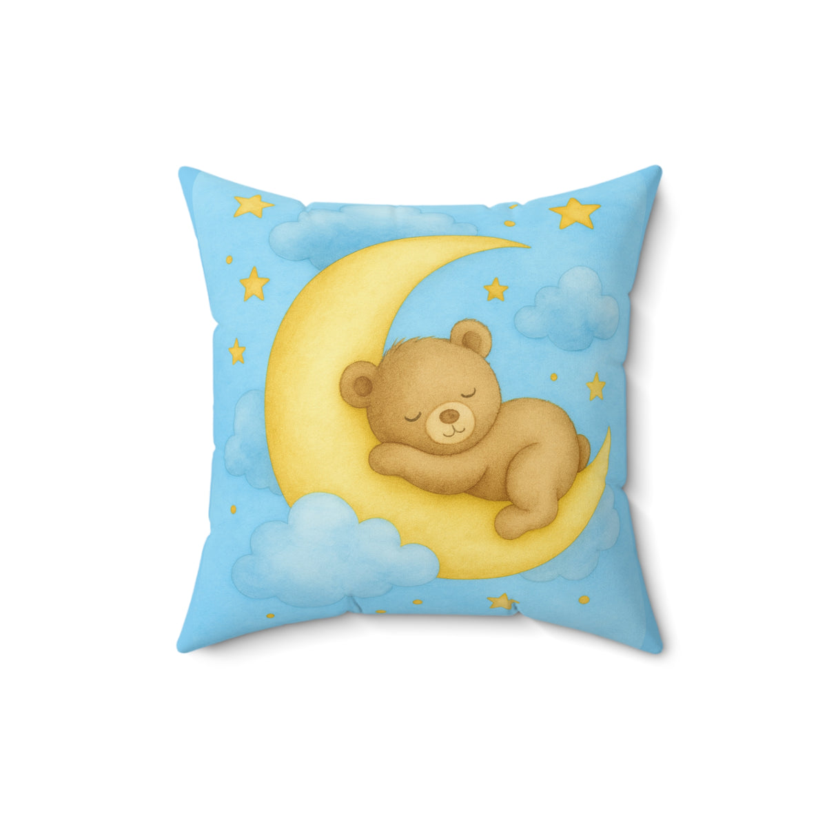 Teddy y Moon -Almohada Azul — Linda Almohada Cuadrada de Gamuza Sintética para Habitación Infantil