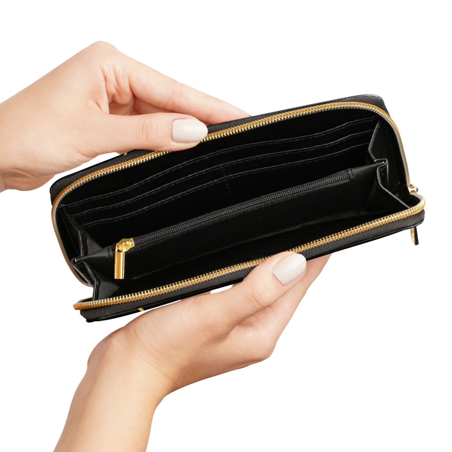 Michelle zipper wallet open interior view – card slots and coin pocket, gold geometric black leather clutch by the Soulful Brush
