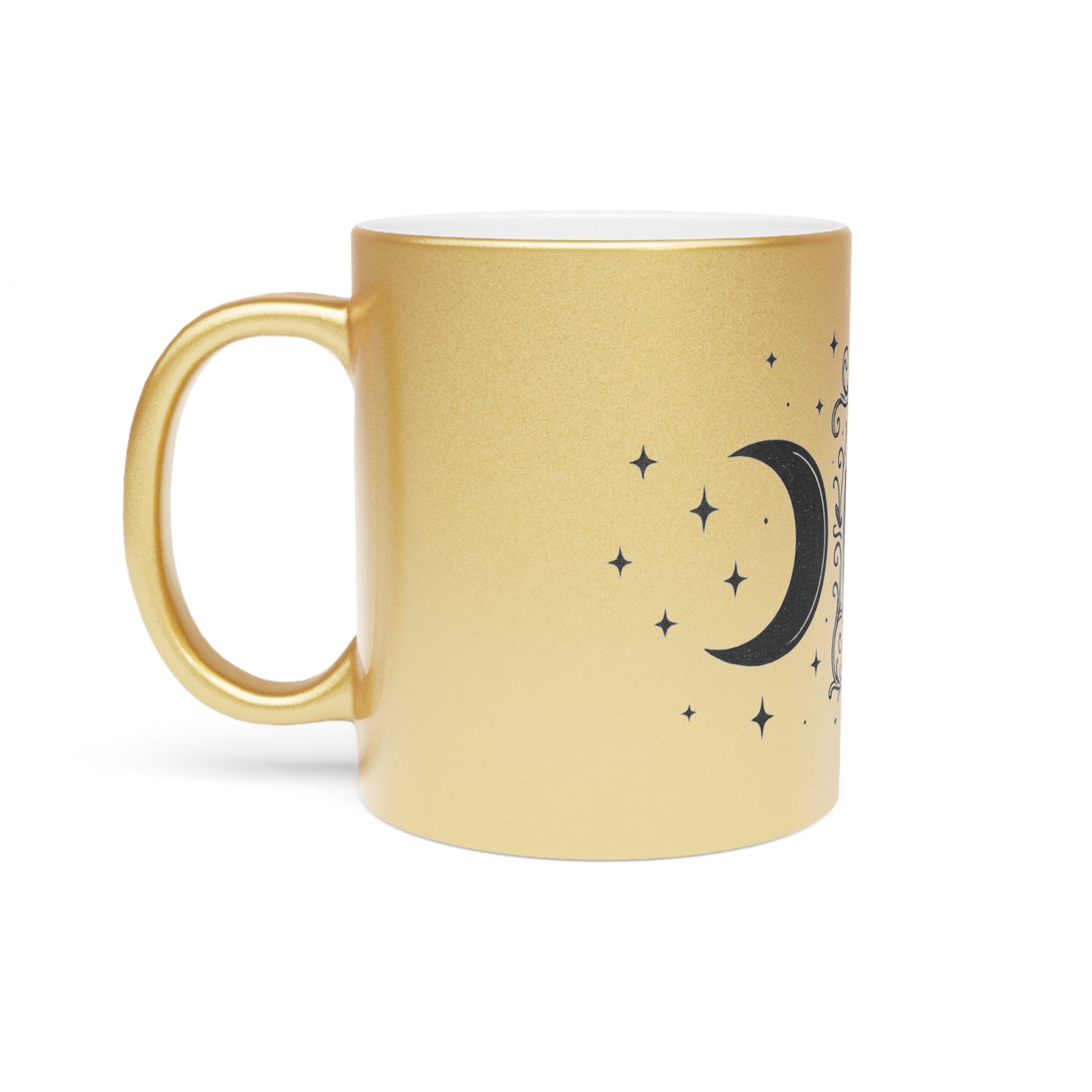 Moon Phase Metallic Mug — Crescent & Full Moon Silver Coffee Cup