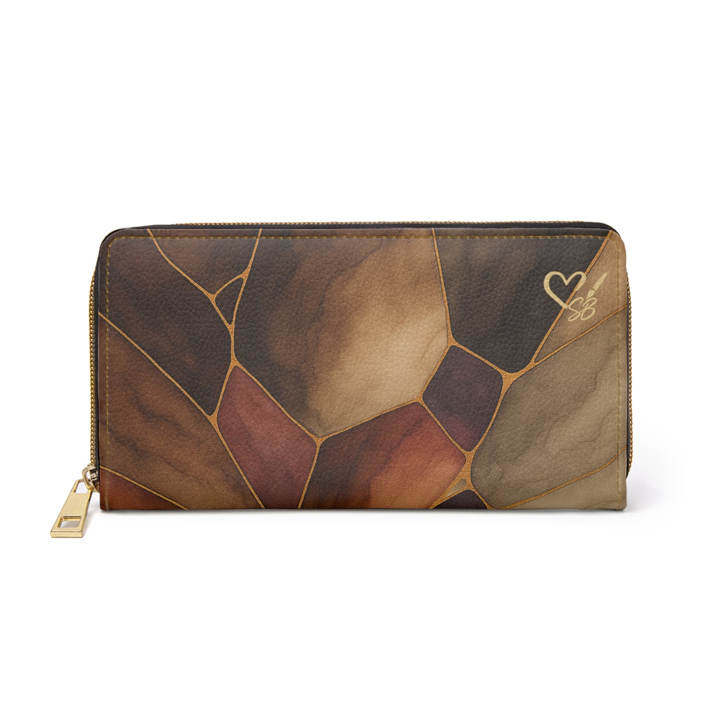 Sienna Artisan Luxe leather mosaic zipper wallet front view – earthtone stained glass pattern zip-around wallet by the Soulful Brush
