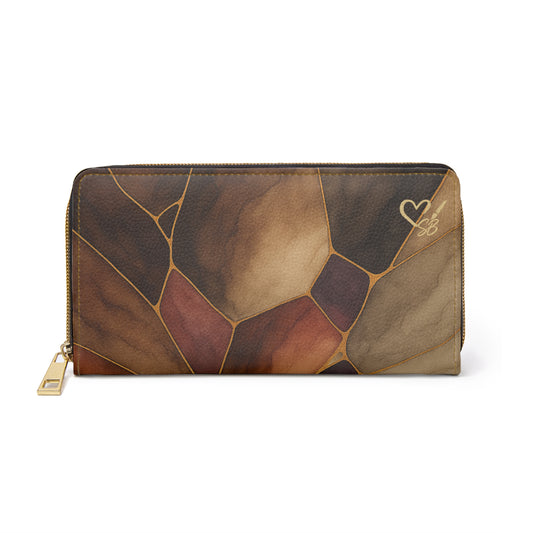 Sienna Artisan Luxe leather mosaic zipper wallet front view – earthtone stained glass pattern zip-around wallet by the Soulful Brush
