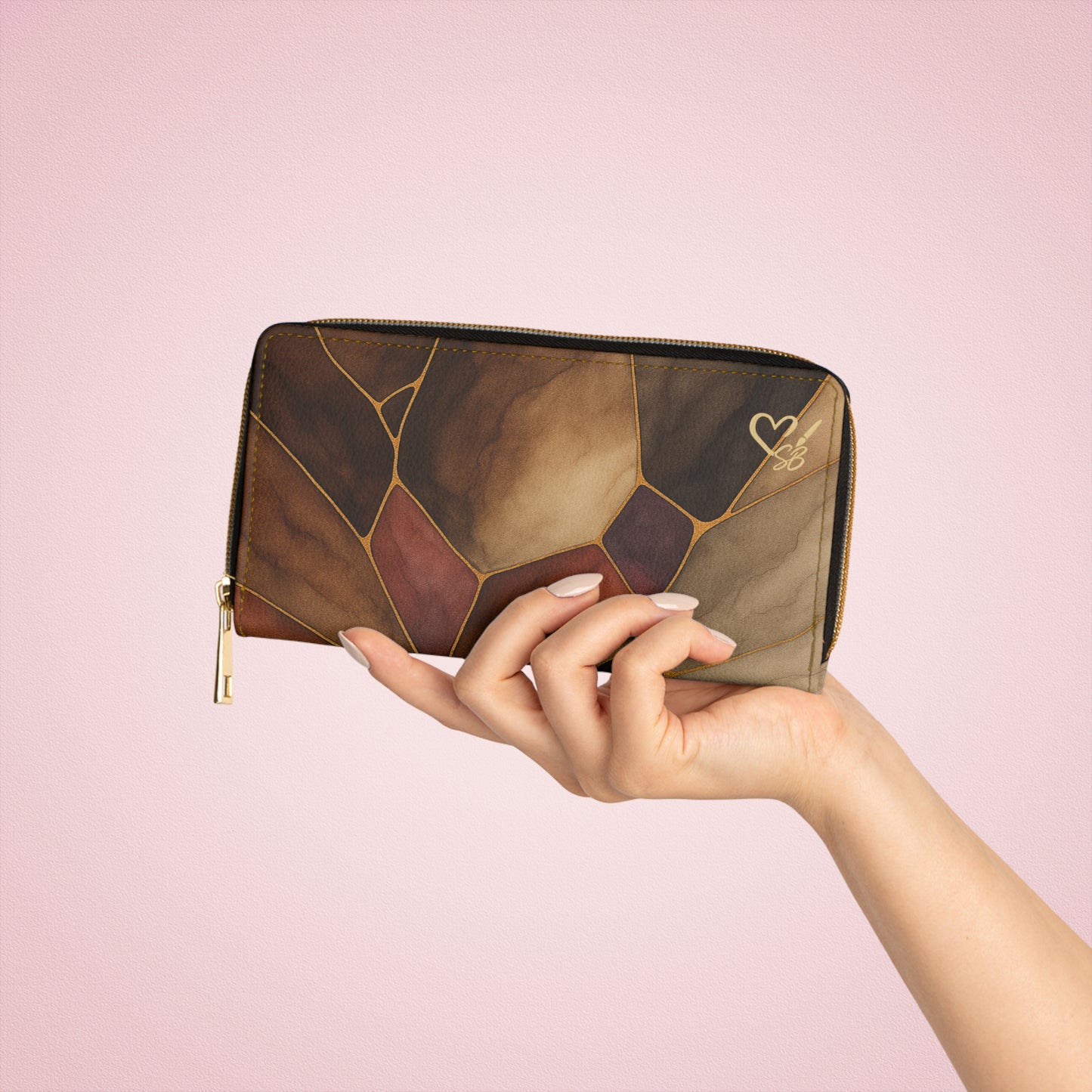 Sienna Artisan Luxe leather mosaic zipper wallet lifestyle view – earthtone stained glass pattern zip-around wallet by the Soulful Brush
