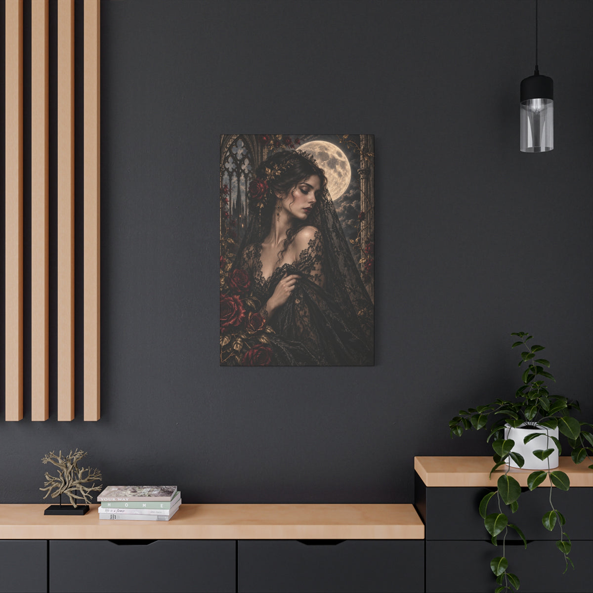 Gothic Moonlit Maiden Canvas Art - Nocturne In Lace-Romantic Dark Victorian Wall Decor