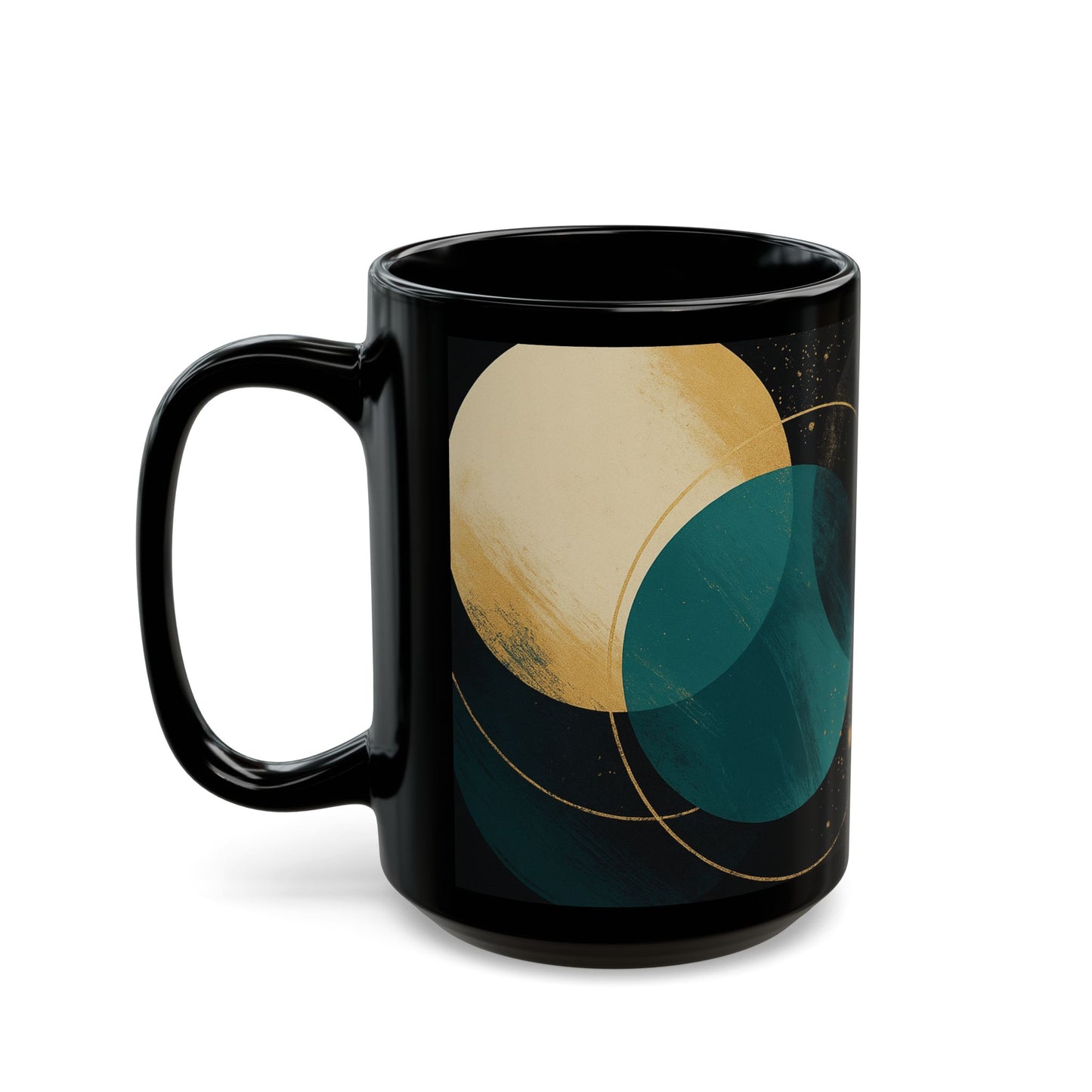 Abstract 1 -Soulful Collection-Teal & Gold Orb Black Coffee Mug — Modern Geometric Ceramic Cup (11oz/15oz)