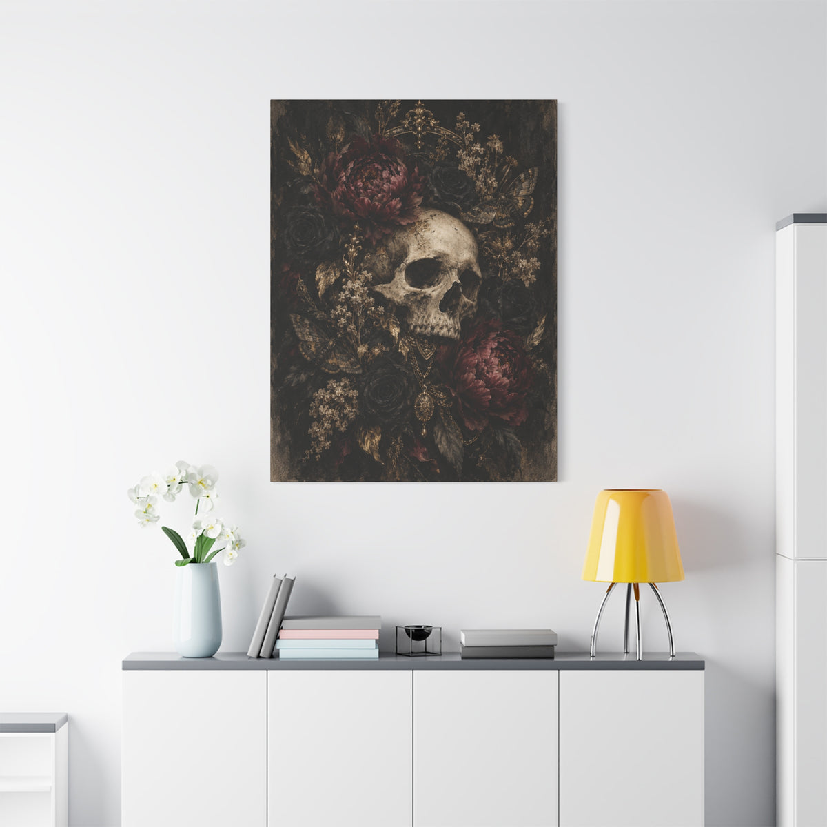 Gothic Skull & Peonies Canvas Wall Art —Velvet Mourning- Dark Floral Home Decor