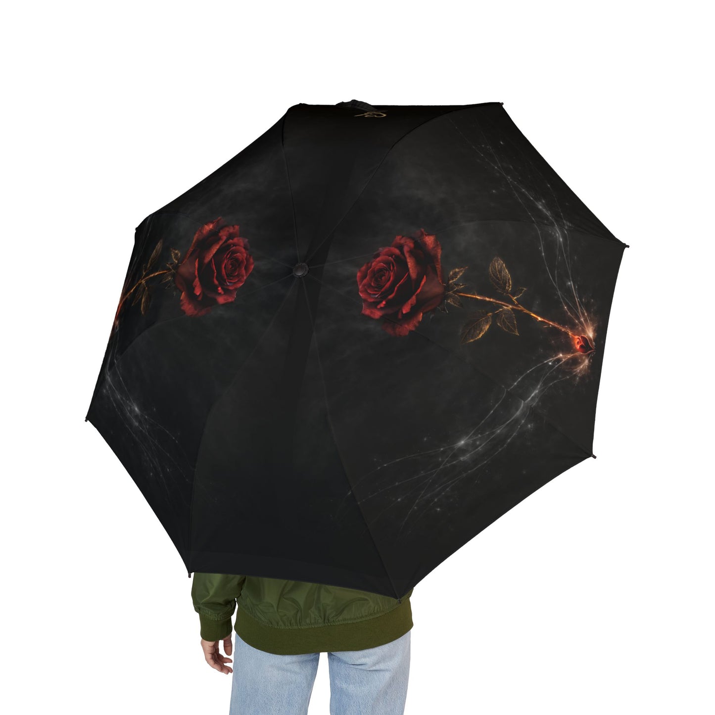 Paraguas Plegable Eternal Bloom — Paraguas Gótico de Lluvia con Rosa Roja Oscura (Semiautomático)