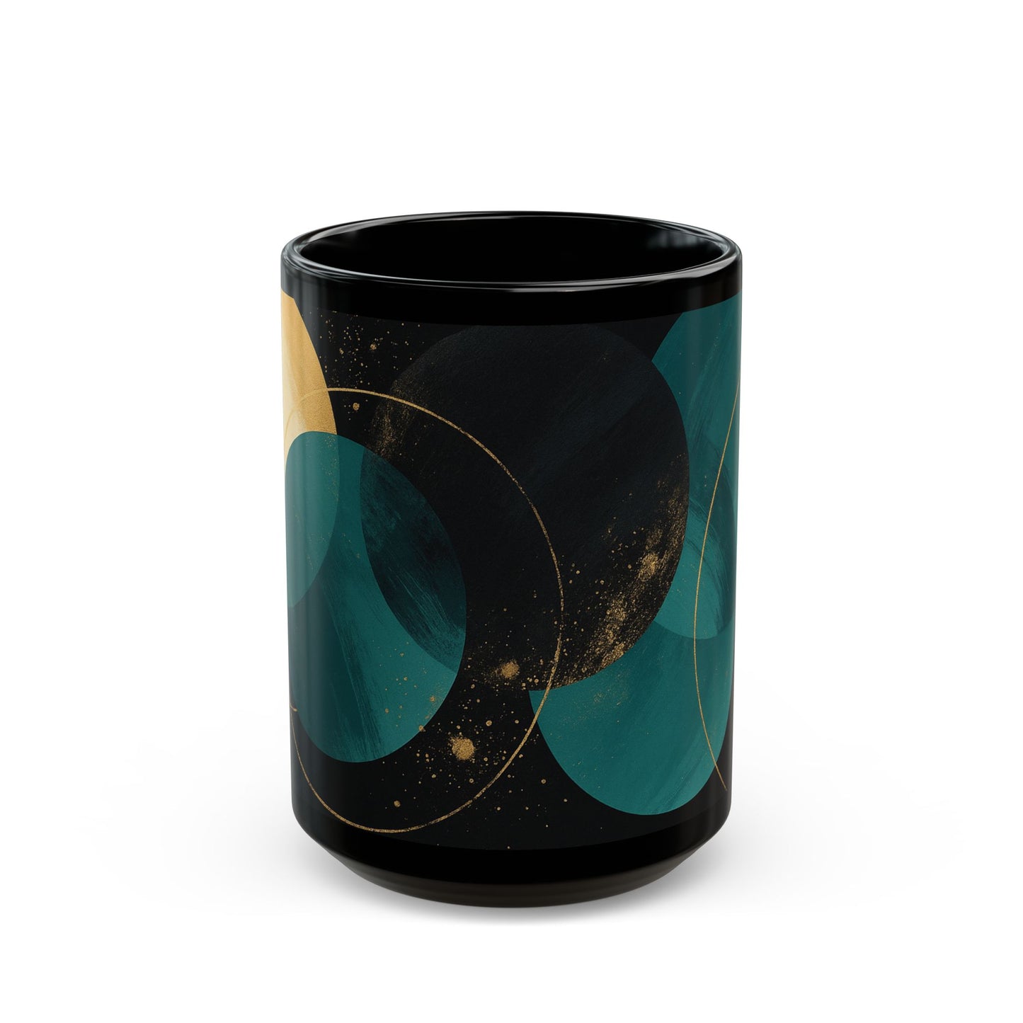 Abstract 1 -Soulful Collection-Teal & Gold Orb Black Coffee Mug — Modern Geometric Ceramic Cup (11oz/15oz)
