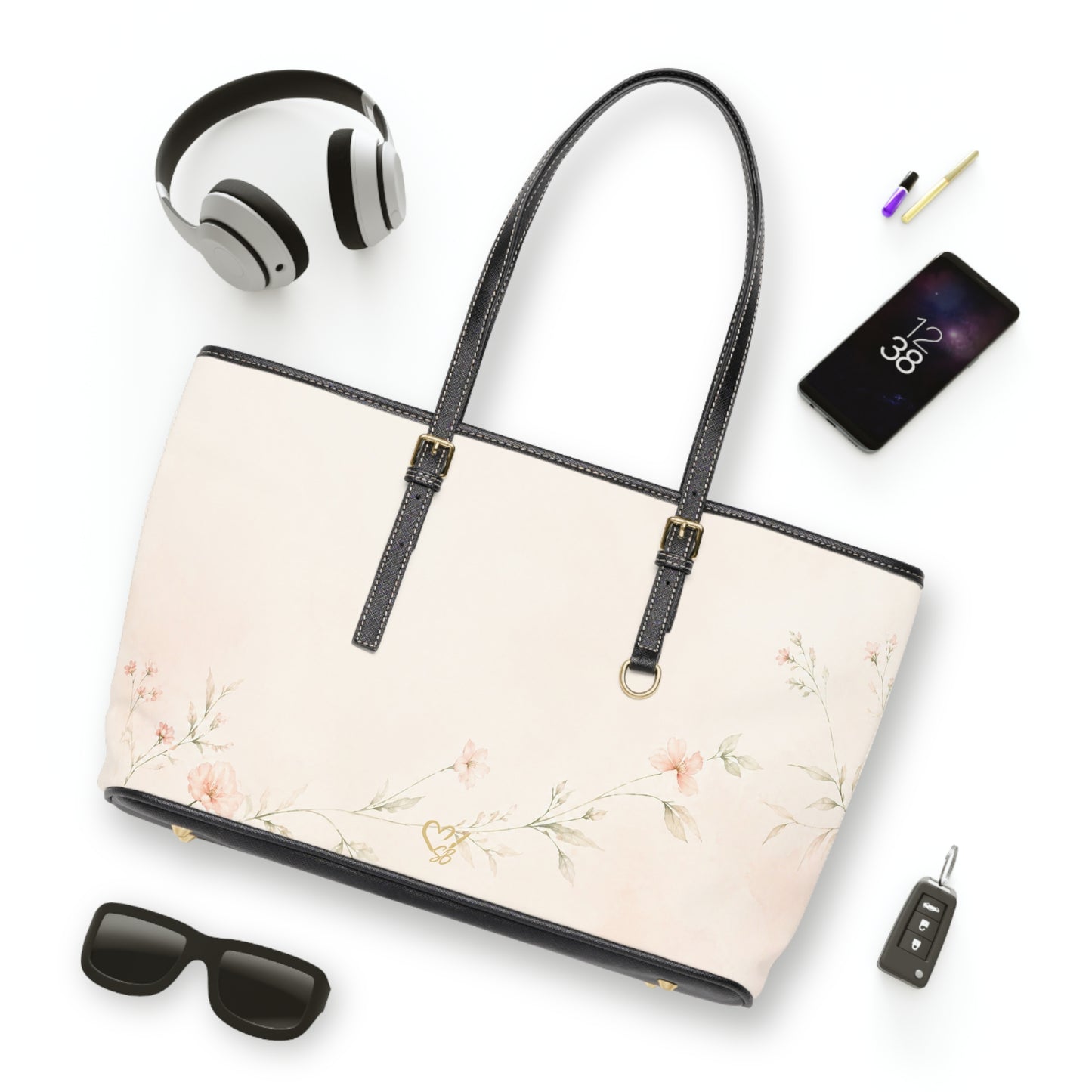 Still Garden PU leather shoulder bag flat lay – vintage botanical floral design by the Soulful Brush
