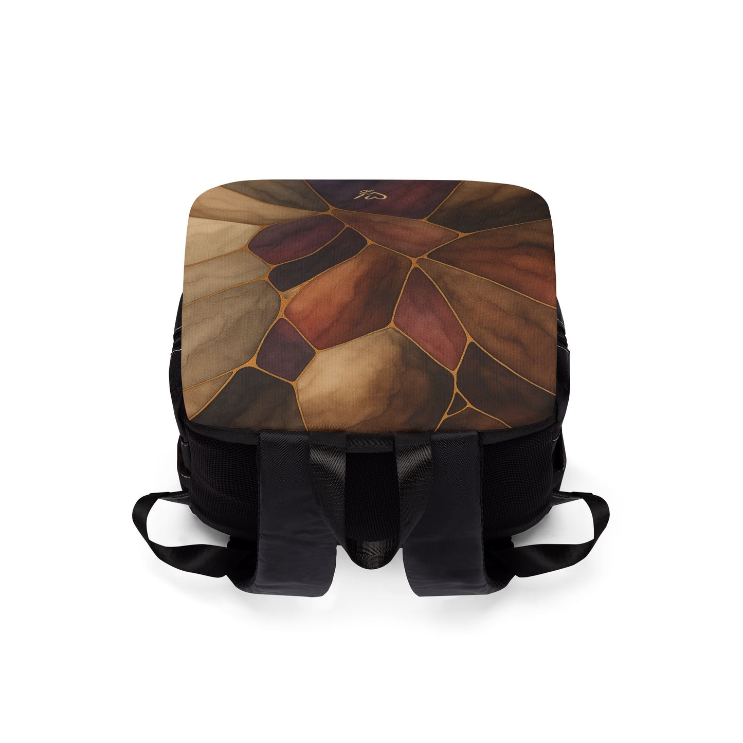 Sienna Artisan Luxe shoulder backpack flap detail – earthtone stained glass print closure and hardware by the Soulful Brush

