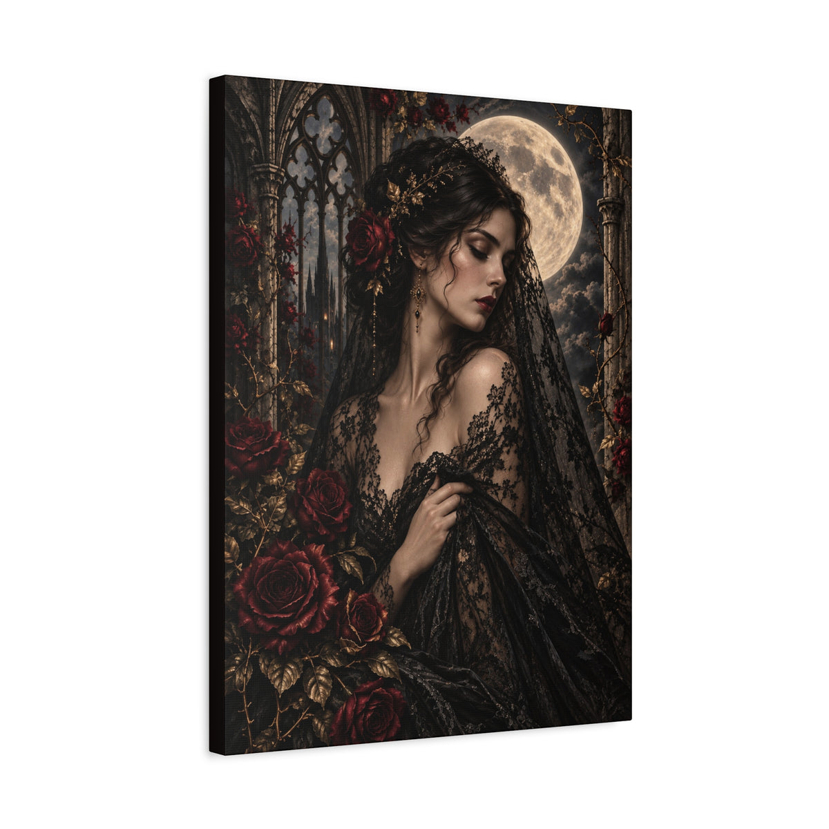 Gothic Moonlit Maiden Canvas Art - Nocturne In Lace-Romantic Dark Victorian Wall Decor