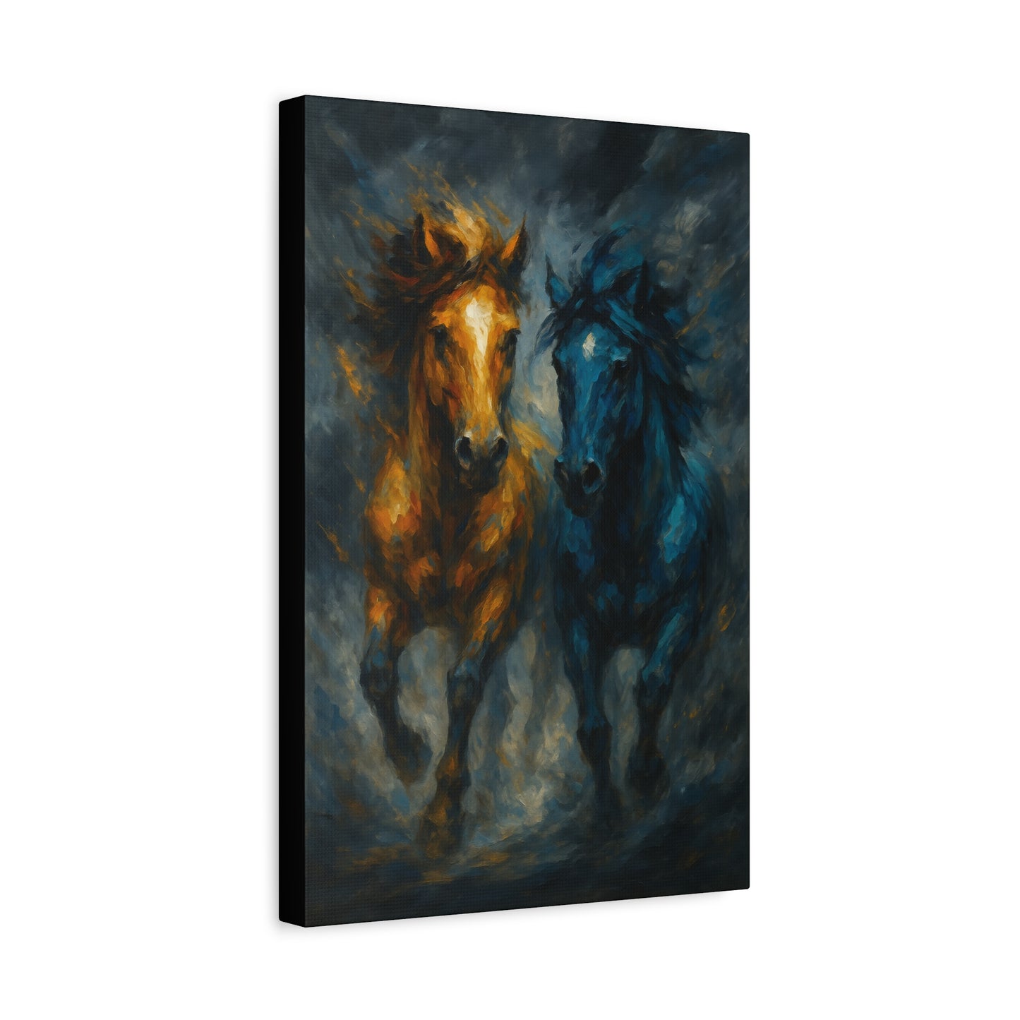 Running Horses Matte Canvas Wall Art — Abstract Gold & Blue Horse Painting