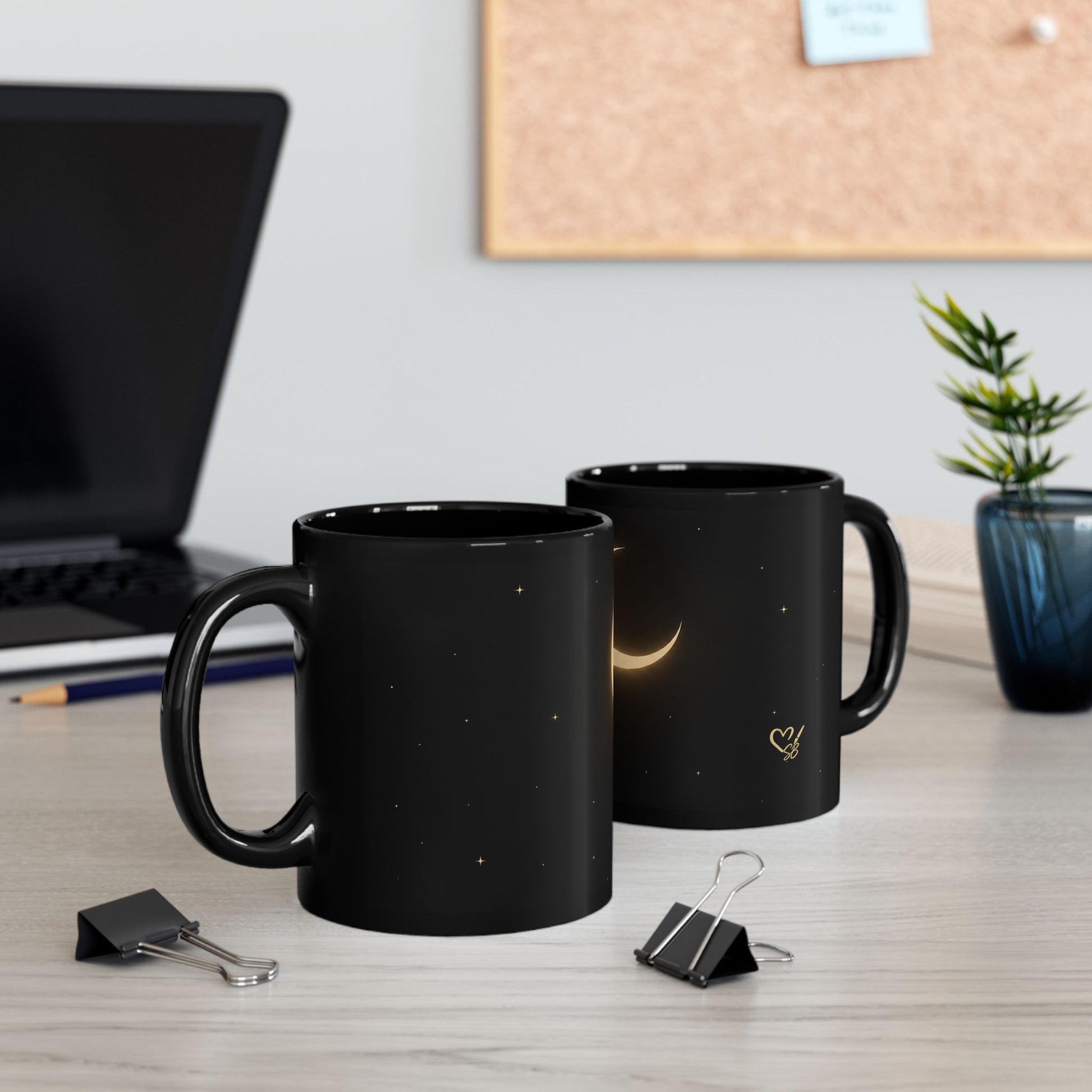 Lunar Veil black crescent moon mugs 11oz and 15oz – minimal gold moon stars ceramic cups by the Soulful Brush
