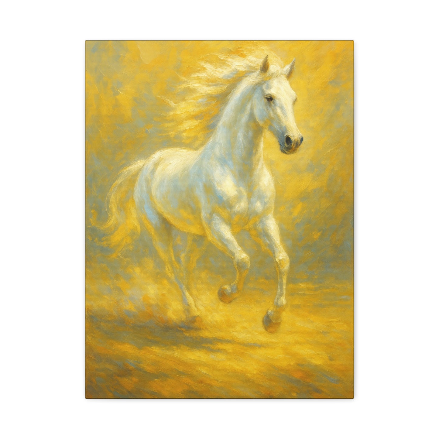 Running White Horse Matte Canvas Wall Art — Golden Equestrian Print