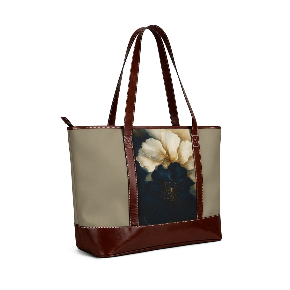 - Elegant Floral Canvas Handbag with White Flower Print
