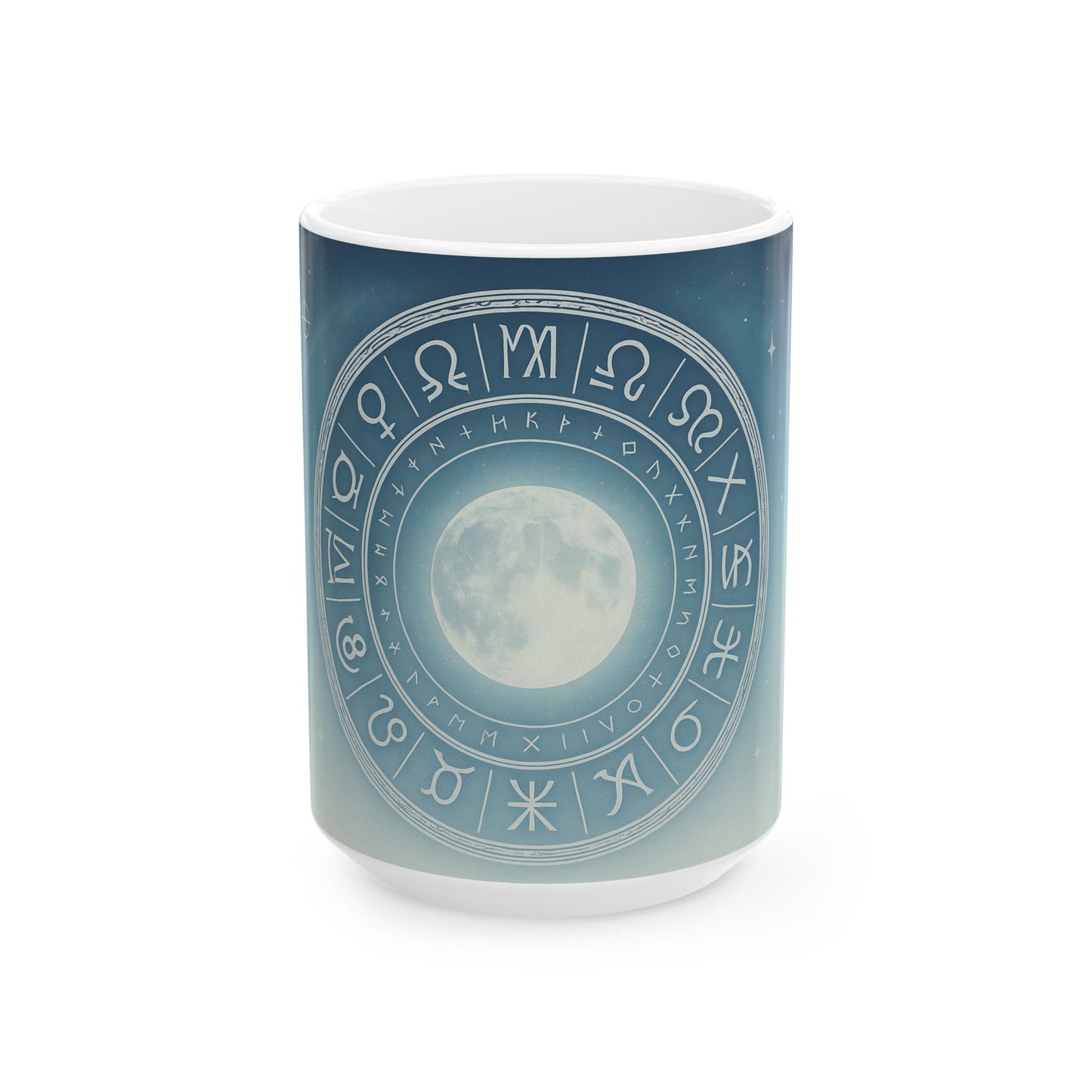 Zodiac Moon Ceramic Mug — Astrological Symbols Coffee Cup (11oz/15oz)