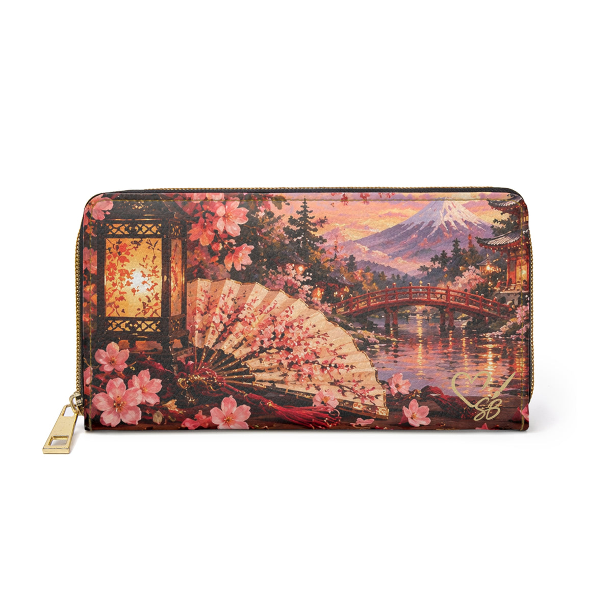 Front of Madama Butterfly — A Thousand Petals zipper wallet, printed with cherry blossoms, a folding fan, red bridge and mountain.