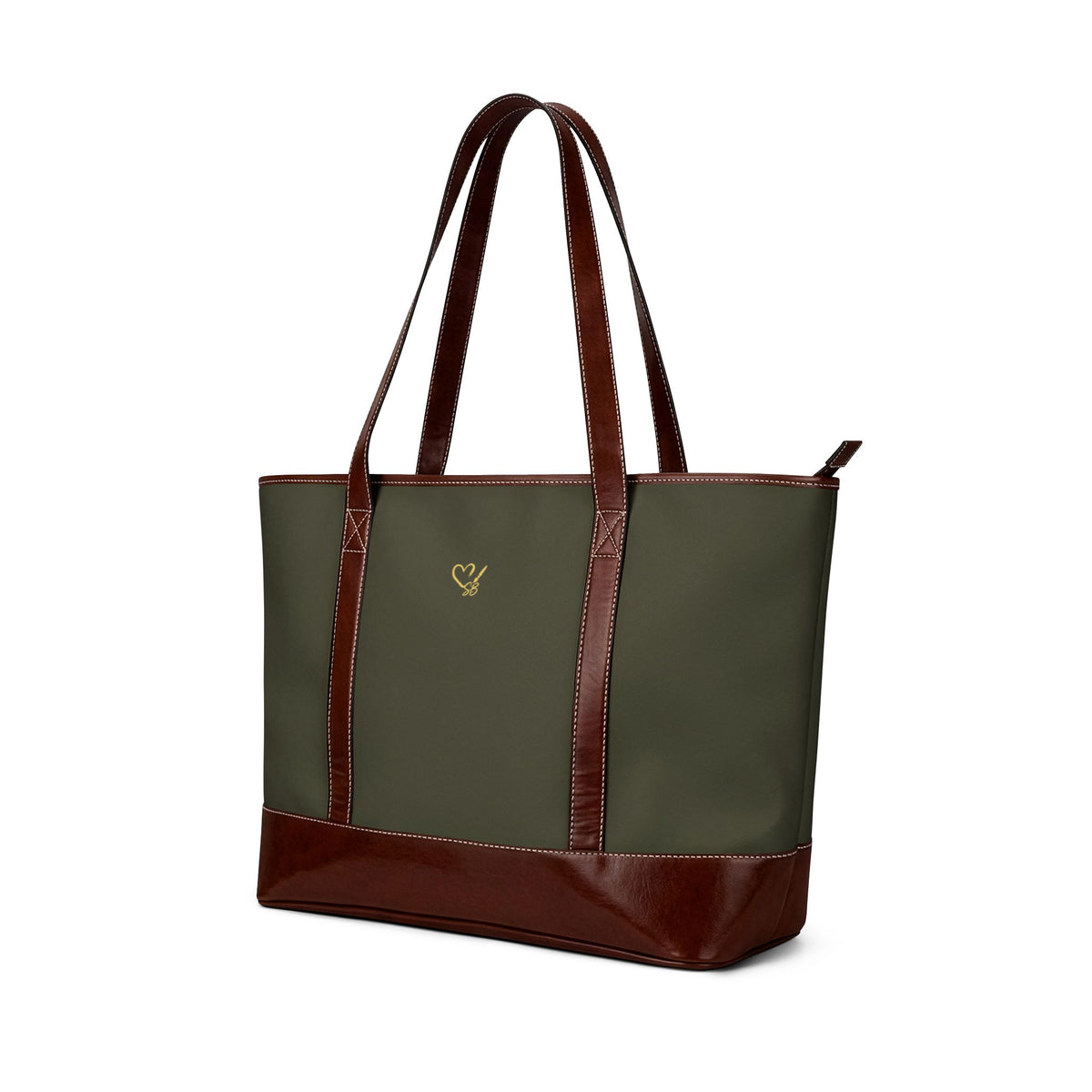 Floral Olive Tote Handbag – Watercolor Leaf Print Leather-Trim Shoulder Bag