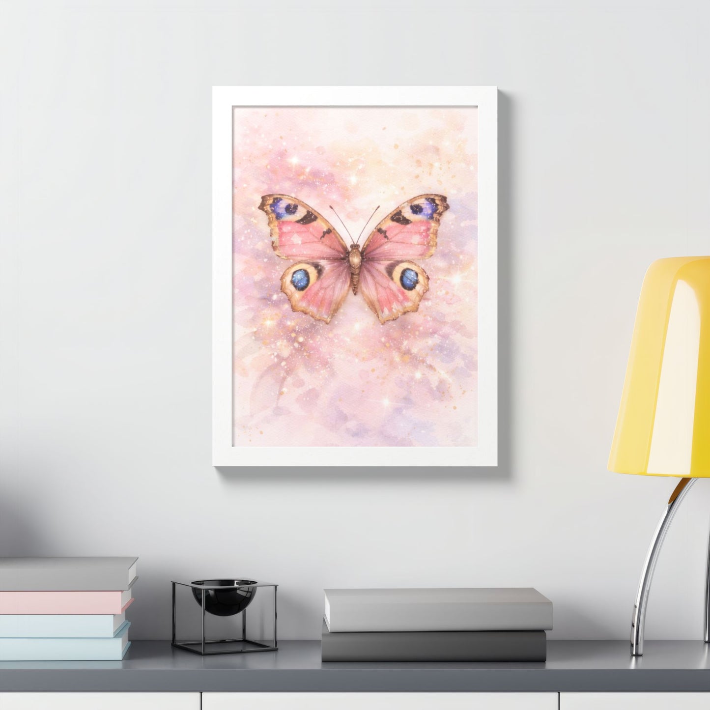 Póster Enmarcado Mariposa Rosa — Arte Mural en Acuarela para Cuarto de Bebé y Dormitorio